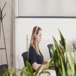 woman with blonde hair, with rose gold headpohones and grey t-shirt works on a laptop, in the foreround are green plants